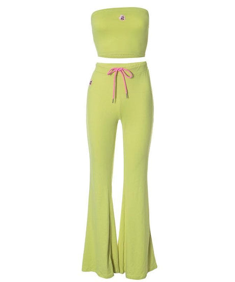 Y2K Chic: Vibrant Lime Green Flare Pant & Tube Top Matching Set – Your Go-To Fall Athleisure Vibe
