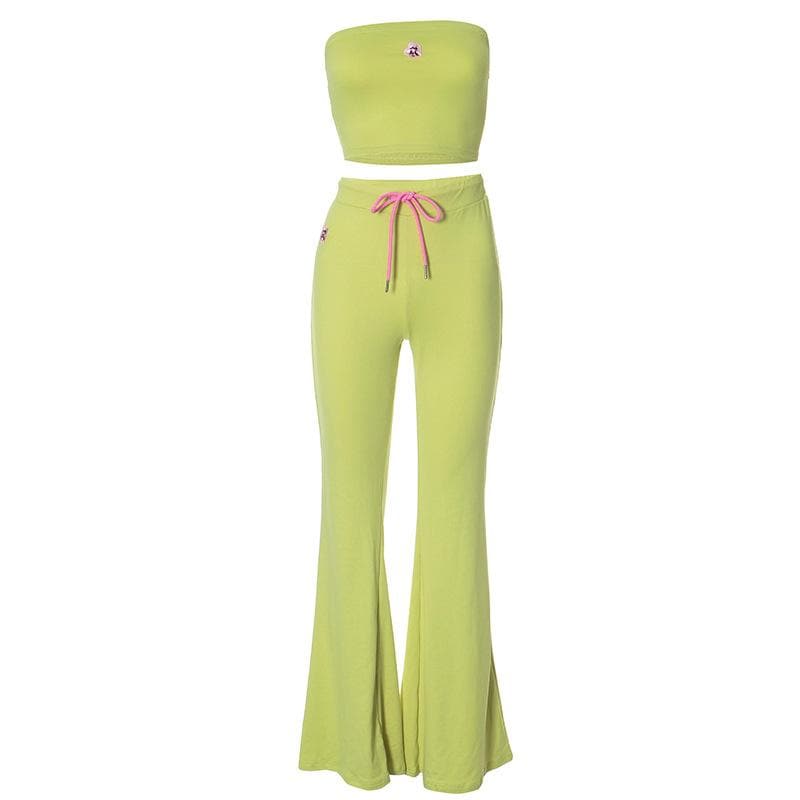 Y2K Chic: Vibrant Lime Green Flare Pant & Tube Top Matching Set – Your Go-To Fall Athleisure Vibe