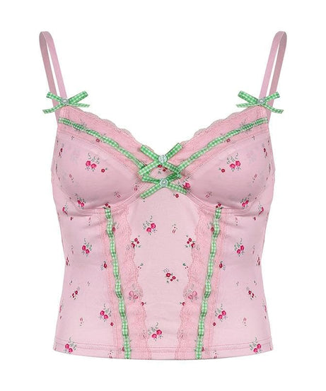 Sweetheart Pink Floral Cami Top with Gingham & Lace | Cozy Autumn Layering & Cottagecore Charm