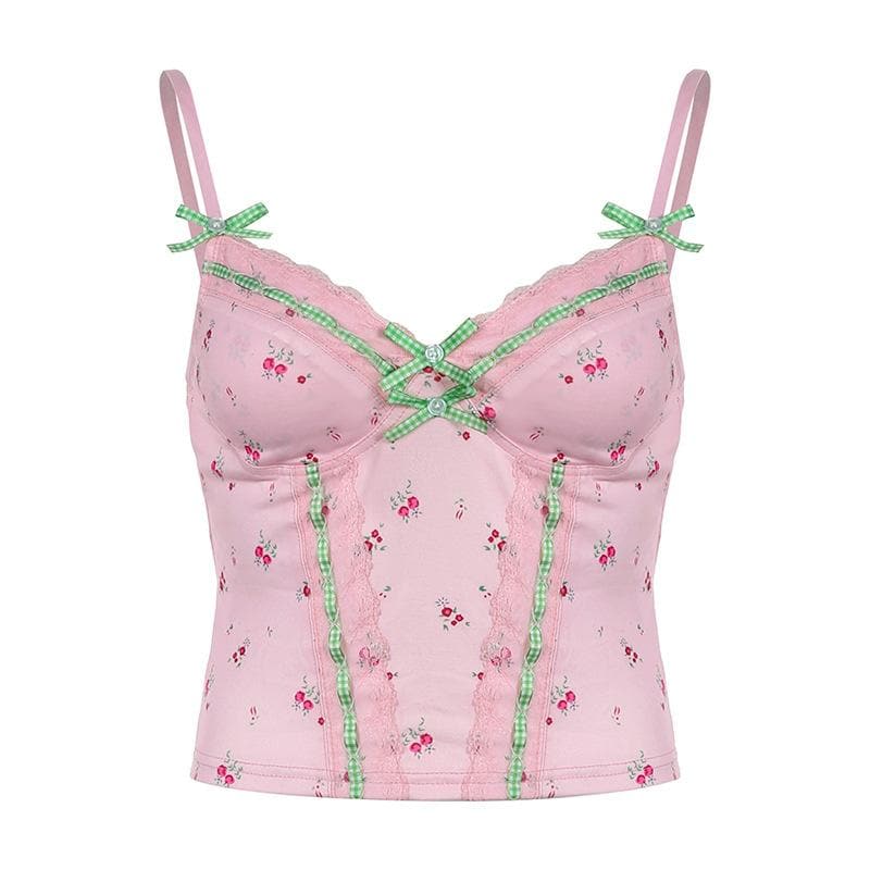 Sweetheart Pink Floral Cami Top with Gingham & Lace | Cozy Autumn Layering & Cottagecore Charm