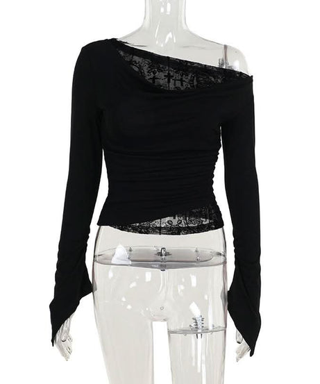 Fall Nights Edgy Chic: Black Lace & Mesh Off-Shoulder Long Sleeve Top for Women