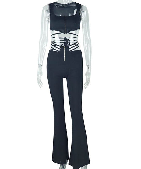 Snatched & Chic: Black Square Neck Flared Jumpsuit with Transparent Lace-Up Waist – Fall & Holiday Must-Have