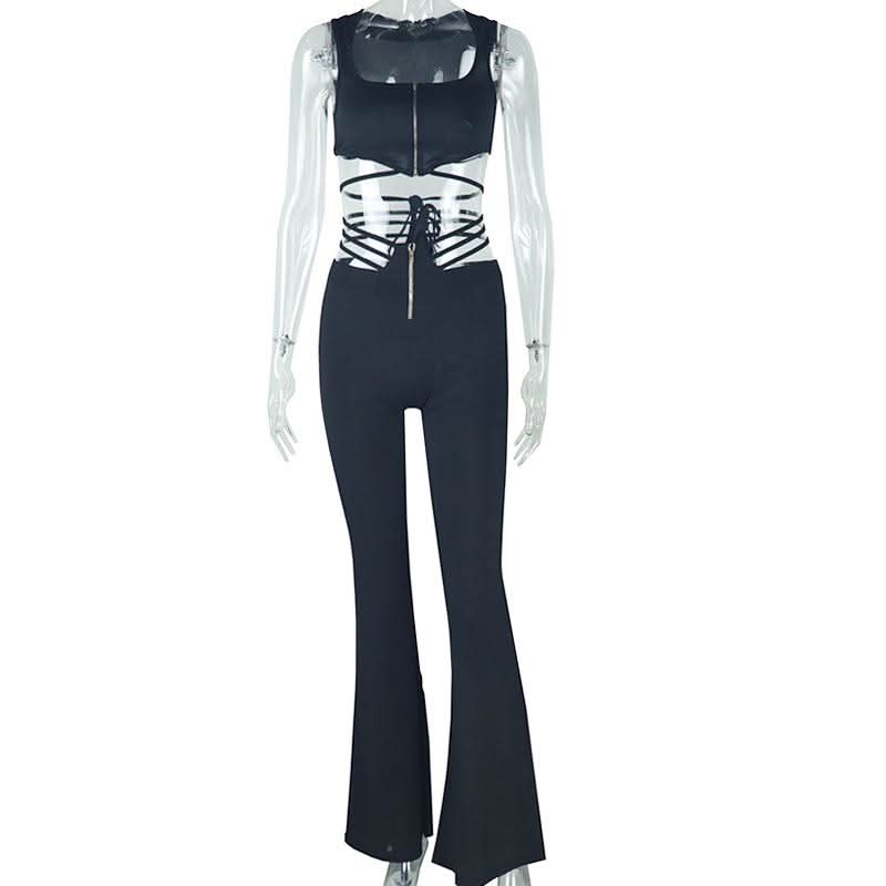Snatched & Chic: Black Square Neck Flared Jumpsuit with Transparent Lace-Up Waist – Fall & Holiday Must-Have
