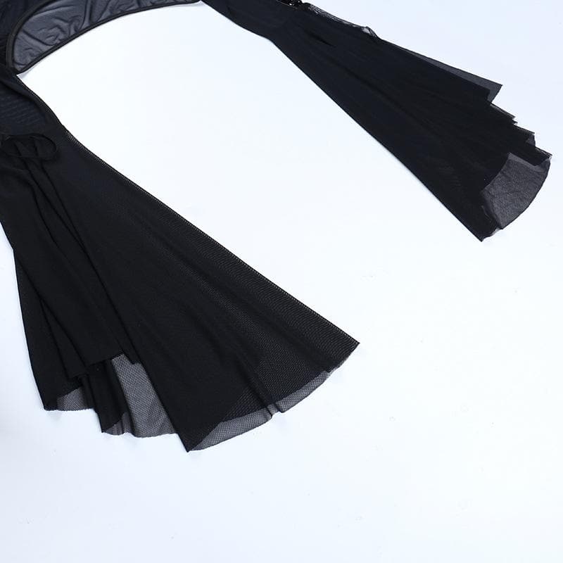 Mesmerizing Black Mesh O-Ring Shrug | Edgy Lace-Up Bell Sleeve Bolero for Fall & Halloween
