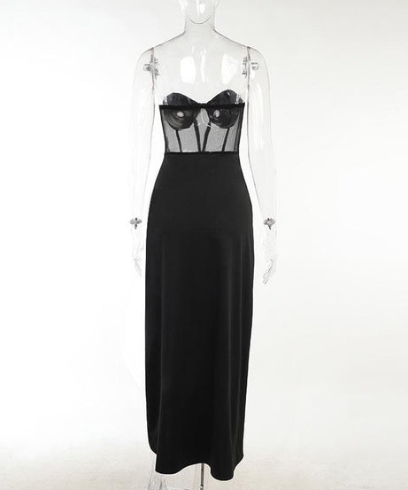 Glamorous Black Mesh Corset Maxi Dress with Dual High Slits - Fall & Holiday Party Ready