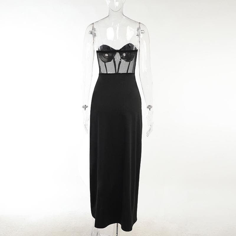 Glamorous Black Mesh Corset Maxi Dress with Dual High Slits - Fall & Holiday Party Ready