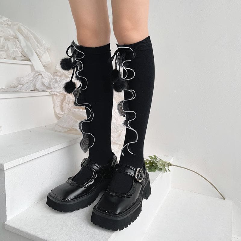 Spooky Cute Ruffle Pom Pom Knee-High Socks - Essential Fall & Halloween Style