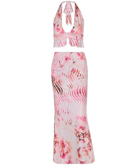 Effortless Chic Pink Floral Halter Crop Top & Maxi Skirt Set - Resort Ready Deep V Ruffle Co-ord for Tropical Getaways