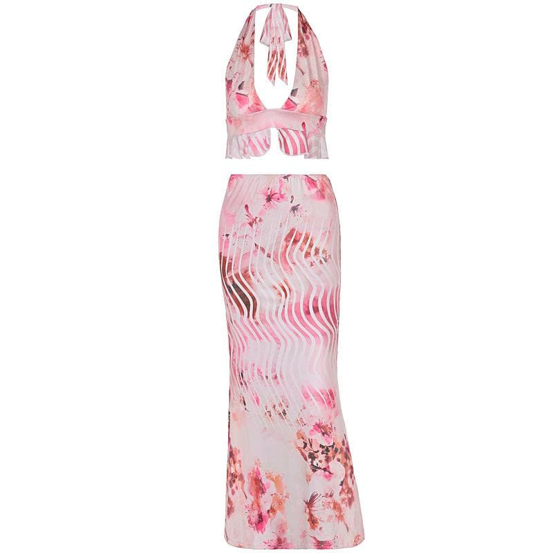 Effortless Chic Pink Floral Halter Crop Top & Maxi Skirt Set - Resort Ready Deep V Ruffle Co-ord for Tropical Getaways