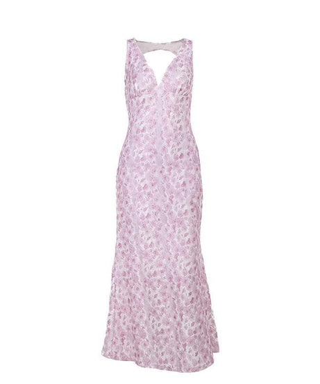 Elegant Lavender Textured Floral Maxi Dress - V-Neck Open Back for Fall & Holiday Events