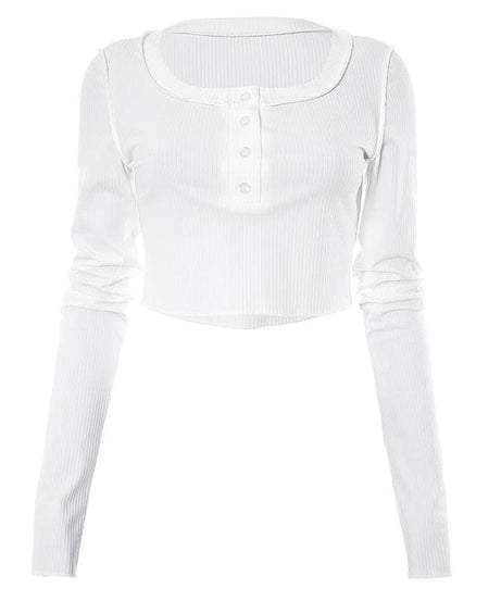 Cozy Chic White Ribbed Henley Crop Top | Long Sleeve Fall Essential for Women