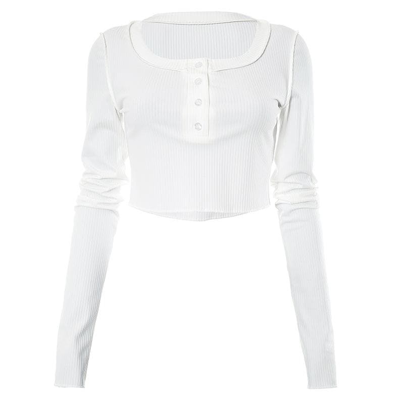 Cozy Chic White Ribbed Henley Crop Top | Long Sleeve Fall Essential for Women
