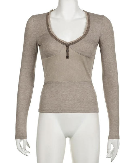 Fall Chic Ribbed Henley Long Sleeve Top | Lace Trim, Thumbholes & Flattering Fit