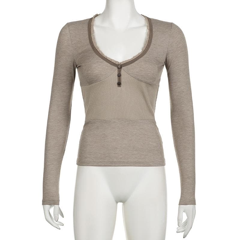 Fall Chic Ribbed Henley Long Sleeve Top | Lace Trim, Thumbholes & Flattering Fit