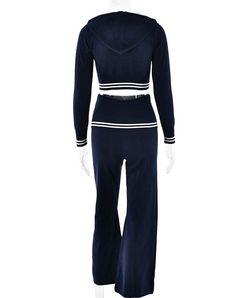 Autumn Luxe: Sailor Chic Knit Crop Hoodie & Flare Pant Set