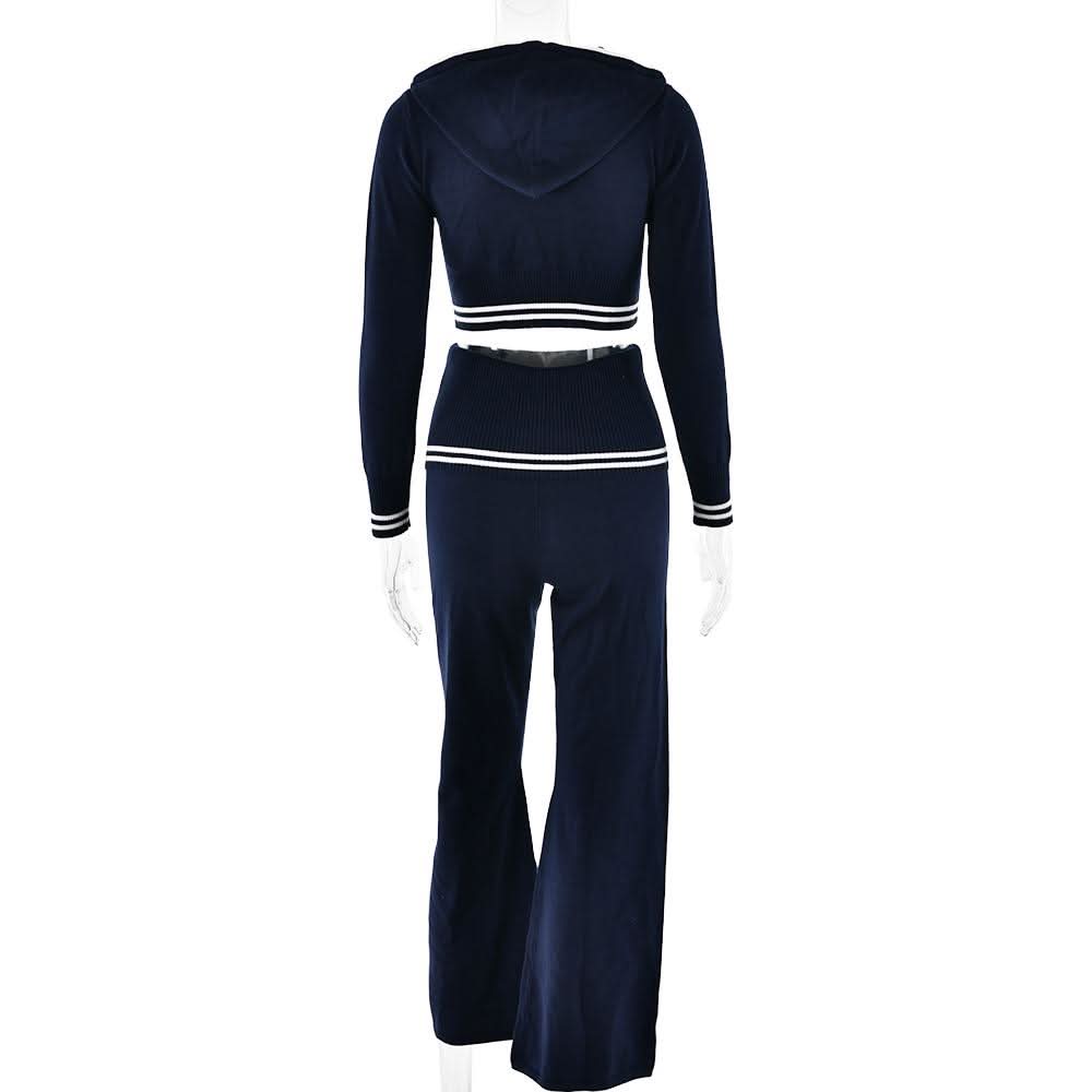 Autumn Luxe: Sailor Chic Knit Crop Hoodie & Flare Pant Set