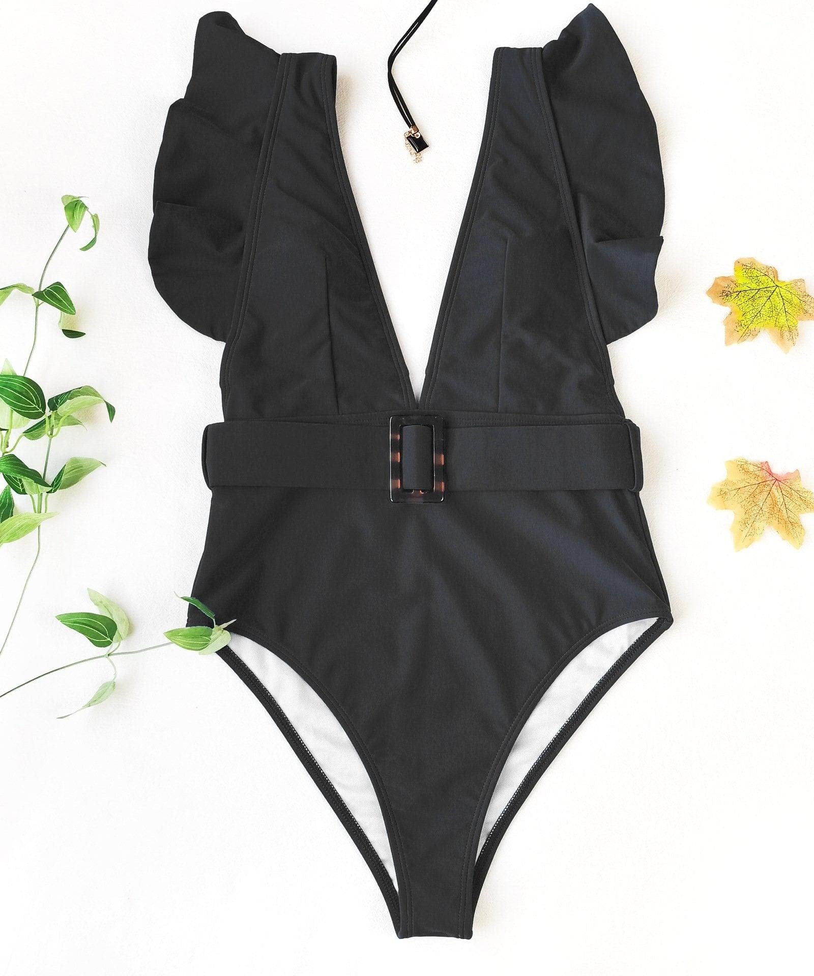 Chic White Ruffle V-Neck One-Piece Swimsuit with Tortoiseshell Buckle | Your Resort & Winter Vacation Essential