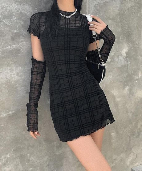 Spooky Chic Plaid Mesh Ruffled Mini Dress & Fingerless Gloves Set – Fall Party & Halloween Ready!