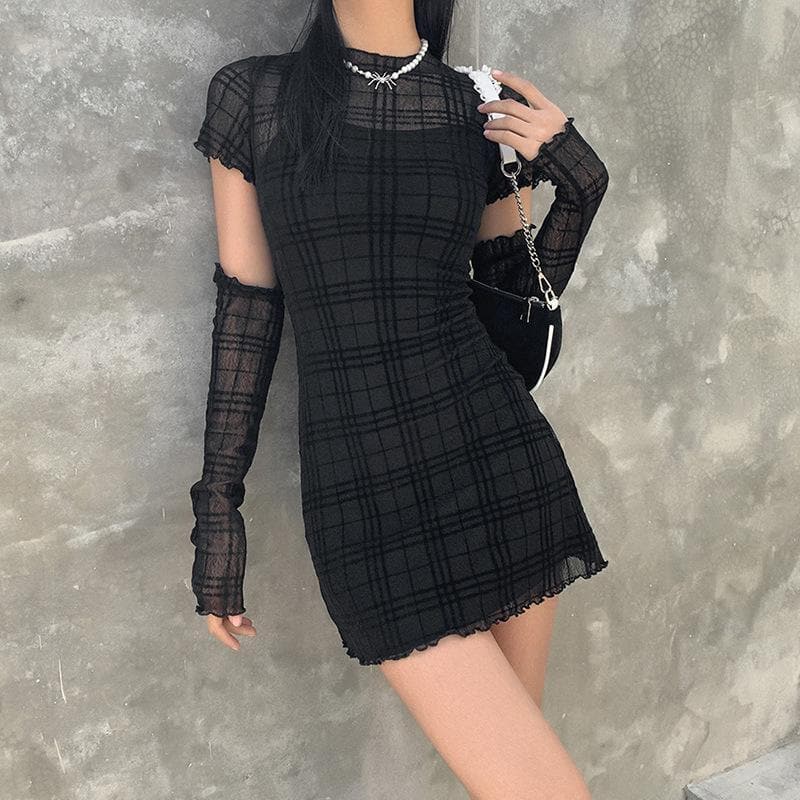Spooky Chic Plaid Mesh Ruffled Mini Dress & Fingerless Gloves Set – Fall Party & Halloween Ready!