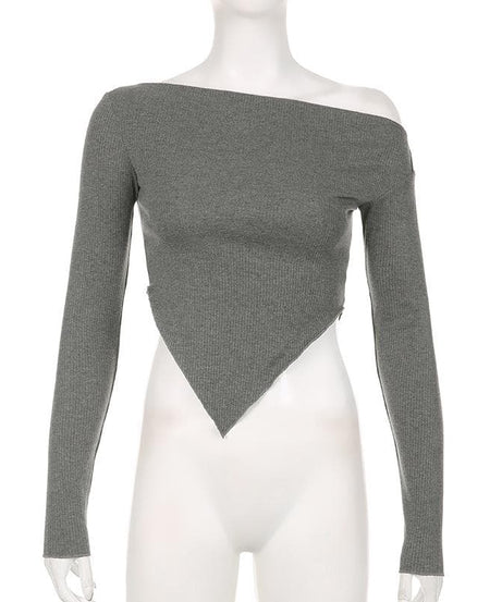 Fall's Must-Have: Ribbed Knit Off-Shoulder Long Sleeve Top with Asymmetrical V-Hem