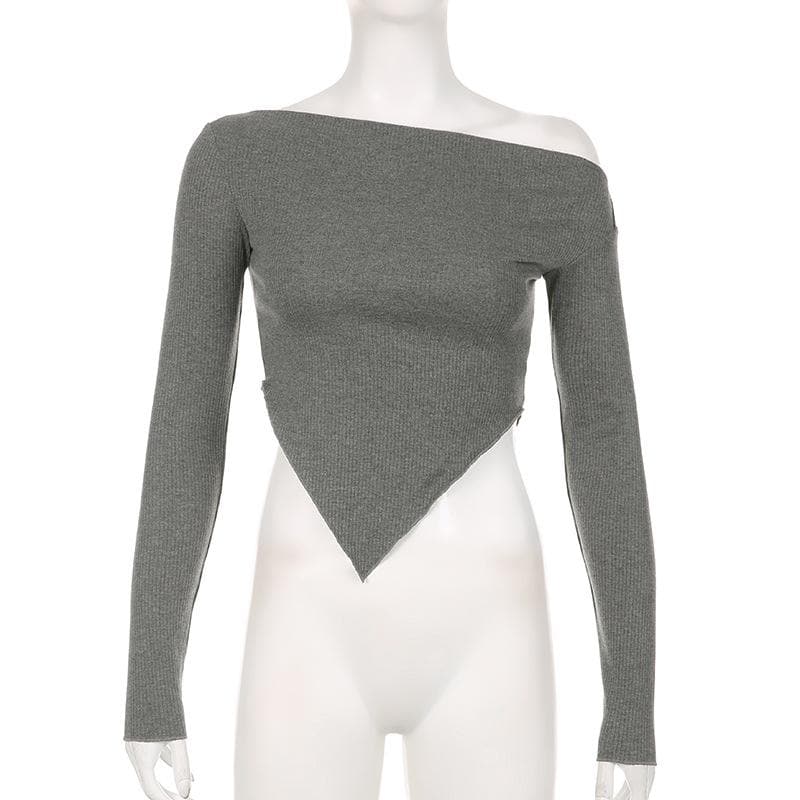 Fall's Must-Have: Ribbed Knit Off-Shoulder Long Sleeve Top with Asymmetrical V-Hem
