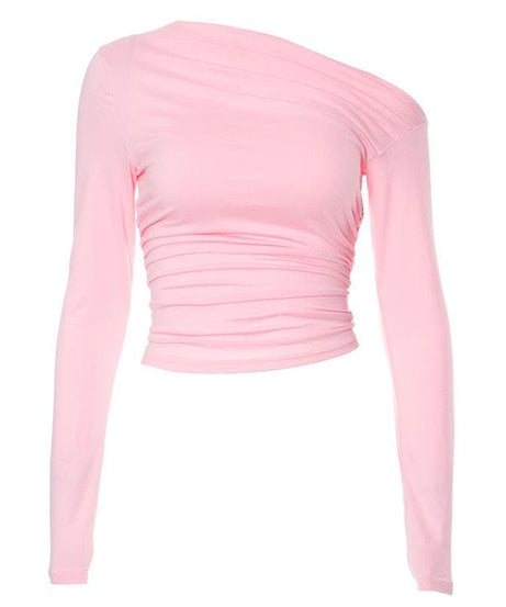 Chic Fall Nights: Asymmetrical Ruched Off-Shoulder Top – Your Essential Black Long Sleeve