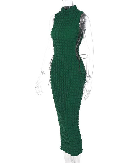 Emerald Elegance: Fall Waffle Knit High Neck Midi Dress with Adjustable Side Lace-Up – Perfect for Holiday Season