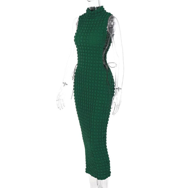 Emerald Elegance: Fall Waffle Knit High Neck Midi Dress with Adjustable Side Lace-Up – Perfect for Holiday Season
