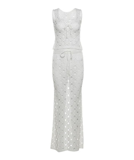 White Crochet Knit Maxi Skirt Set - Effortless Resort Wear Tank & Skirt for Your Next Getaway