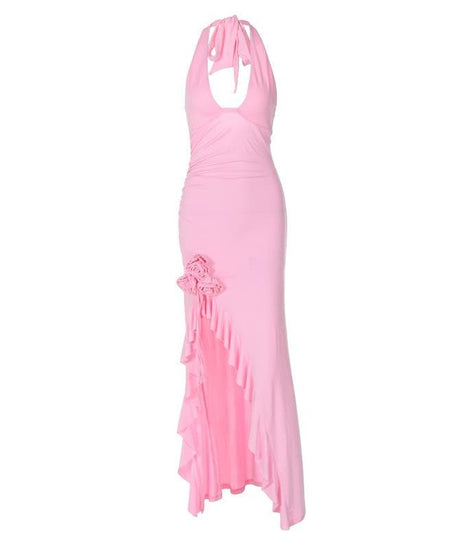 Stunning Pink Halter Maxi Dress with Romantic Ruffles & 3D Floral Slit – Your Go-To for Fall Weddings & Glamorous Getaways