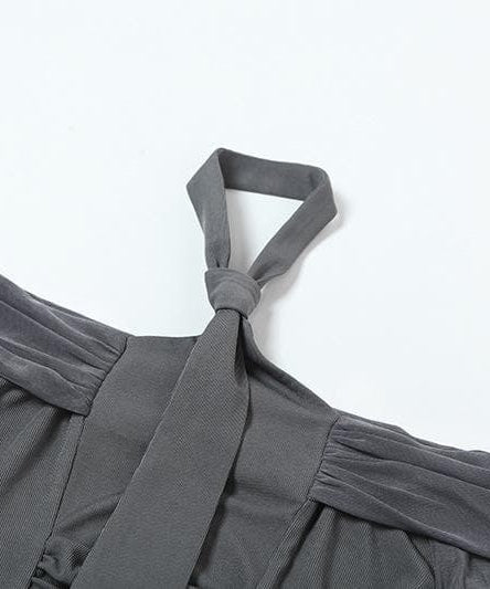 Autumn Allure: Chic Off-Shoulder Halter Ruched Long Sleeve Crop Top - Your Fall Fashion Must-Have