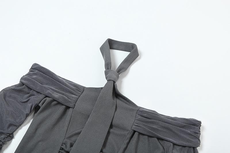 Autumn Allure: Chic Off-Shoulder Halter Ruched Long Sleeve Crop Top - Your Fall Fashion Must-Have