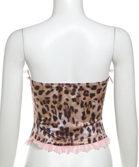 Vegas Vixen Pink Leopard Tube Top - Y2K Glam, Bows & Lace for Wild Fall Nights