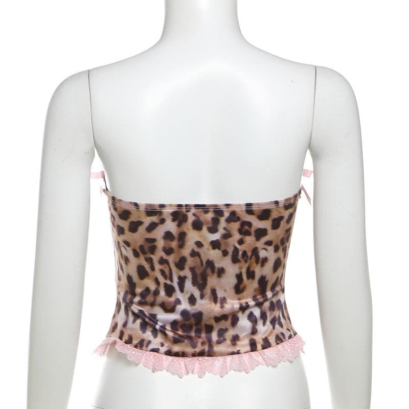 Vegas Vixen Pink Leopard Tube Top - Y2K Glam, Bows & Lace for Wild Fall Nights