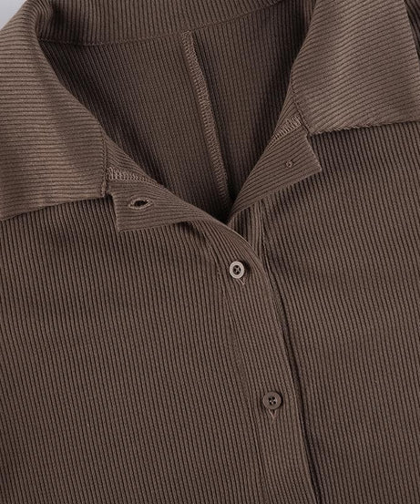 Chic Fall Essential: Women's Ribbed Polo Button Romper - Cozy Espresso Brown One-Piece