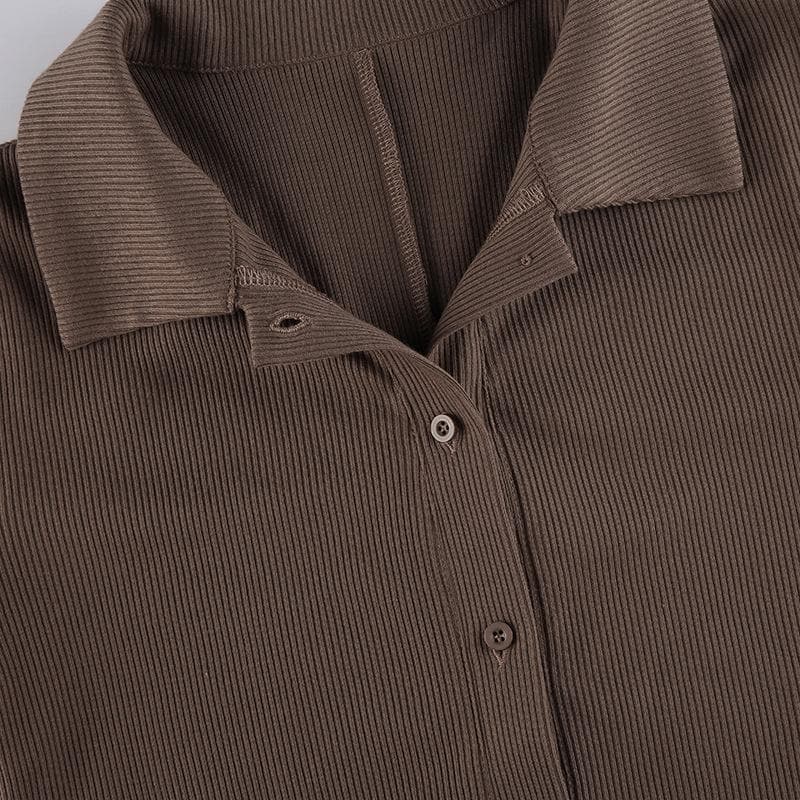 Chic Fall Essential: Women's Ribbed Polo Button Romper - Cozy Espresso Brown One-Piece