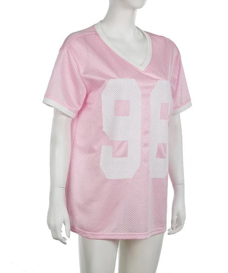 Women's Pink '96' Mesh Jersey V-Neck Top - Fall Game Day & Sporty Athleisure