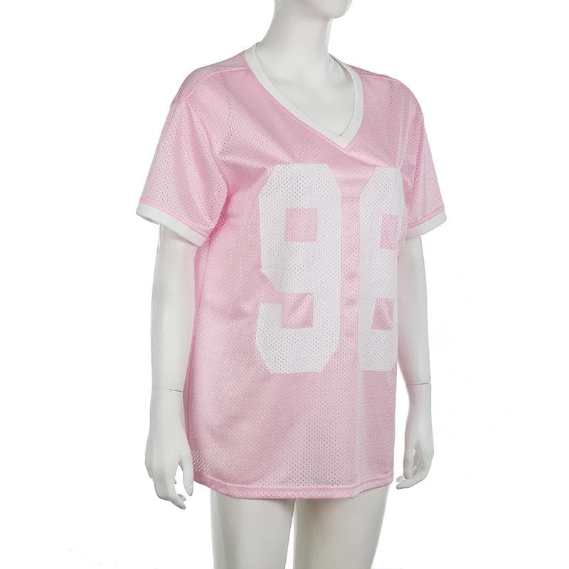 Women's Pink '96' Mesh Jersey V-Neck Top - Fall Game Day & Sporty Athleisure