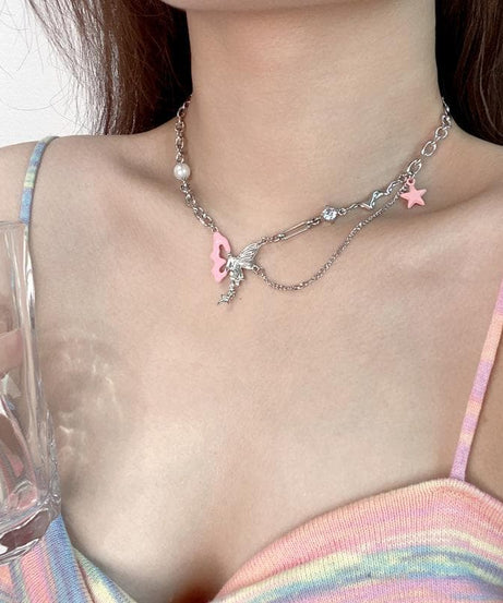 Whimsical Pink Butterfly Layered Necklace - Y2K & Coquette Aesthetic Fall Jewelry