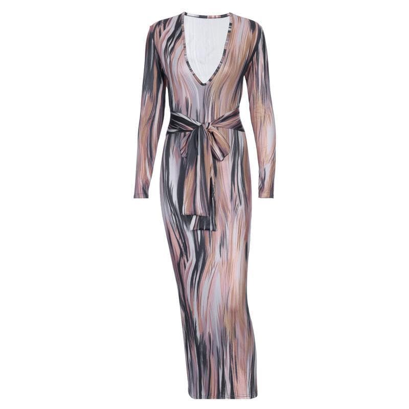 Chic Fall Abstract Print Maxi Dress | Deep V-Neck, Tie-Waist & Long Sleeve