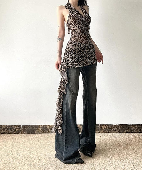 Fierce Fall Nights: Y2K Leopard Print Halter Top with Asymmetrical Ruffle - Backless & Bold