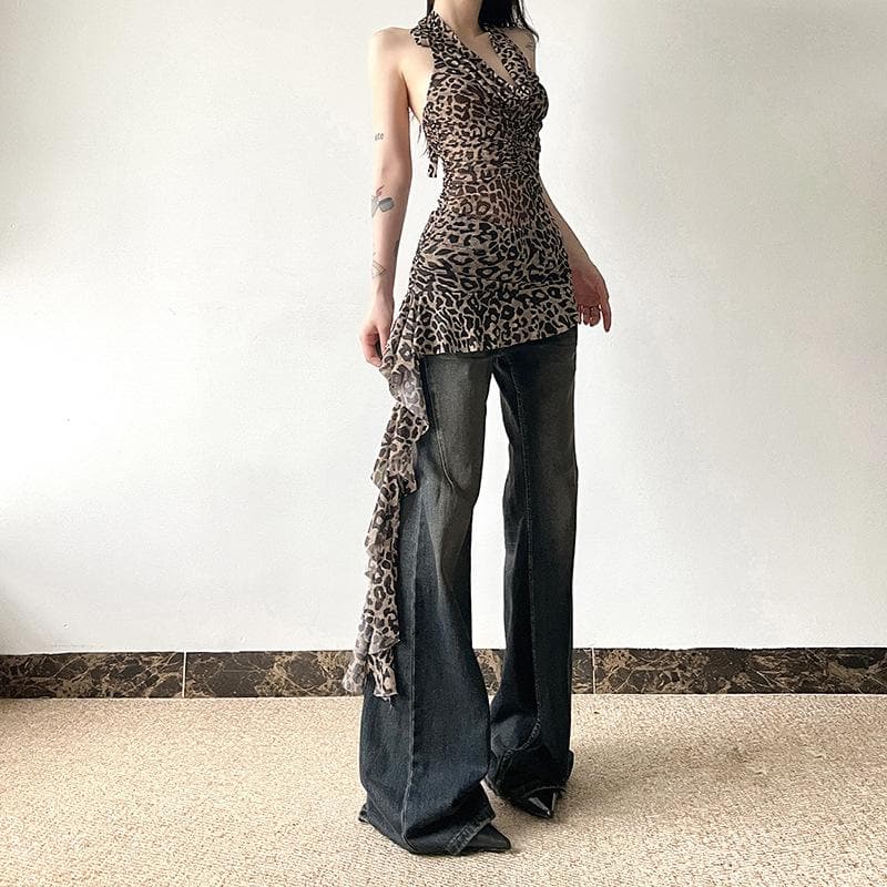 Fierce Fall Nights: Y2K Leopard Print Halter Top with Asymmetrical Ruffle - Backless & Bold