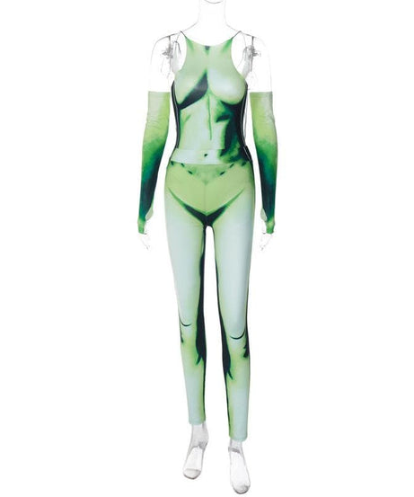 Alien Goddess Green Illusion Jumpsuit Set - Backless Bodysuit & Cold Shoulder Rave Pants