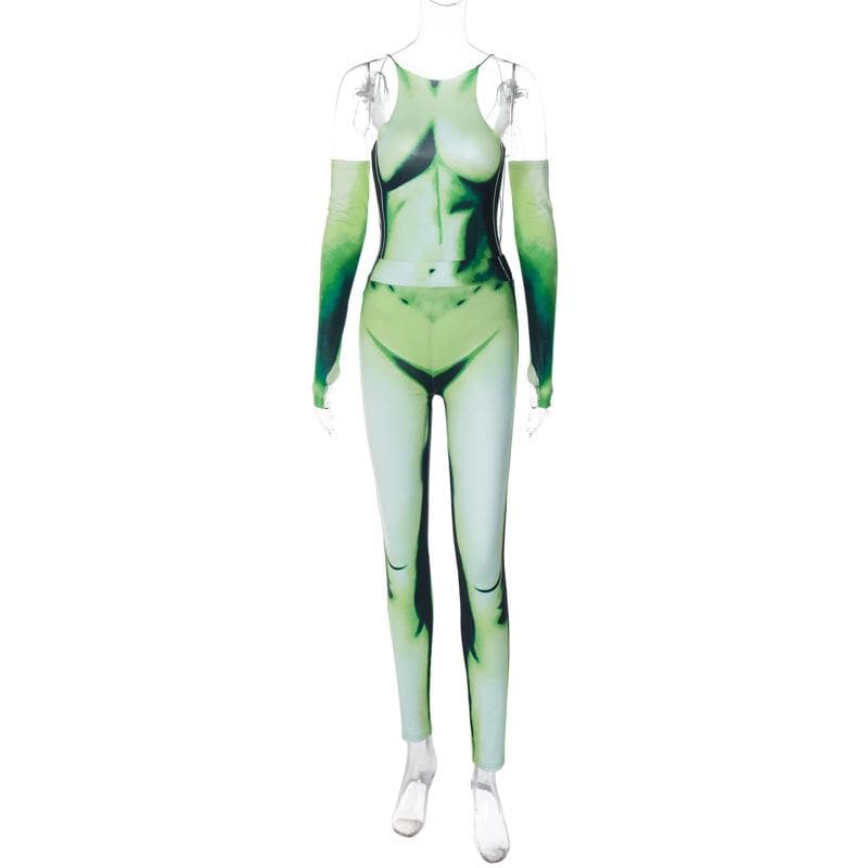Alien Goddess Green Illusion Jumpsuit Set - Backless Bodysuit & Cold Shoulder Rave Pants
