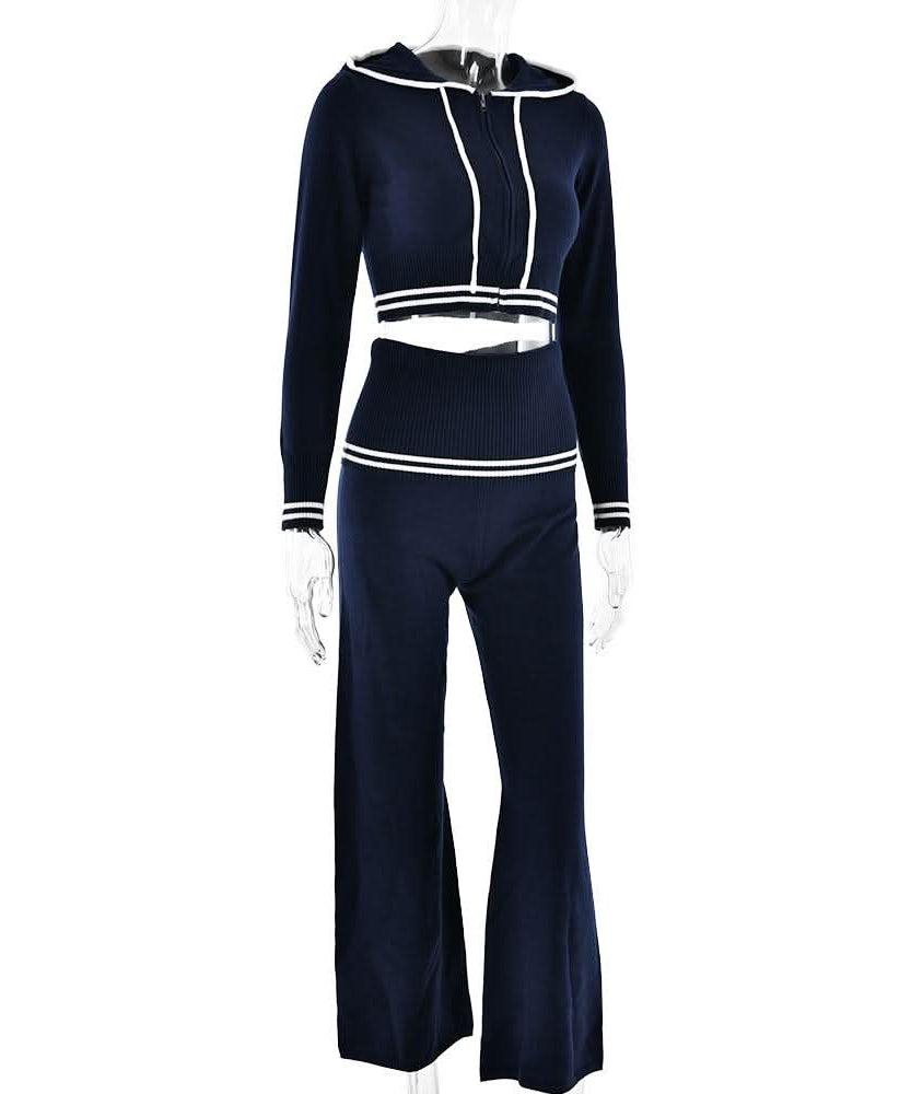 Autumn Luxe: Sailor Chic Knit Crop Hoodie & Flare Pant Set