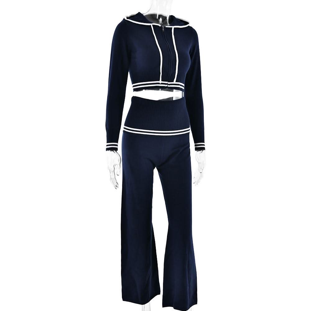 Autumn Luxe: Sailor Chic Knit Crop Hoodie & Flare Pant Set