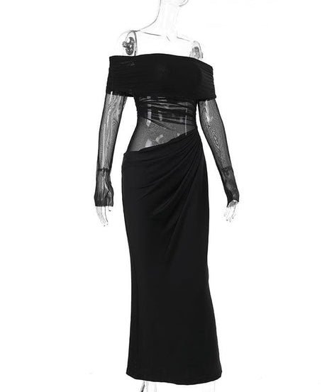 Alluring Black Mesh Off-Shoulder Maxi Dress - Ruched Evening Gown for Fall & Holiday Parties