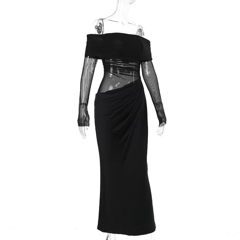 Alluring Black Mesh Off-Shoulder Maxi Dress - Ruched Evening Gown for Fall & Holiday Parties