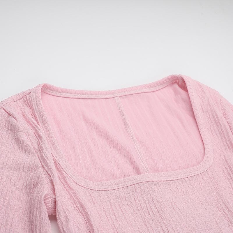 Cozy-Chic Blush Pink Ribbed Knit Midi Dress - Square Neck Long Sleeve for Fall