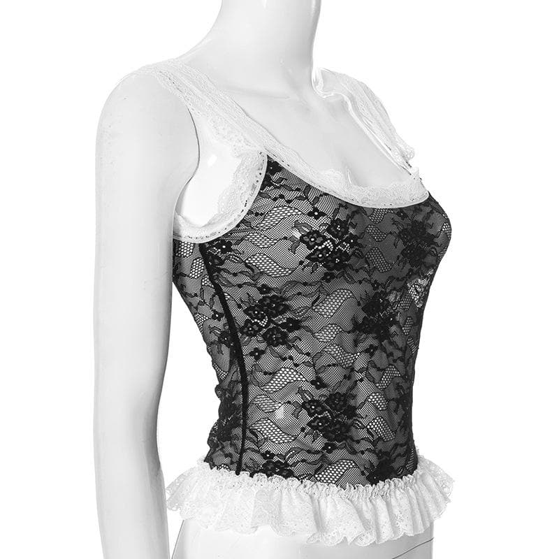 Sultry Black & White Lace Ruffle Cami Top - Fall Flirts & Holiday Glam